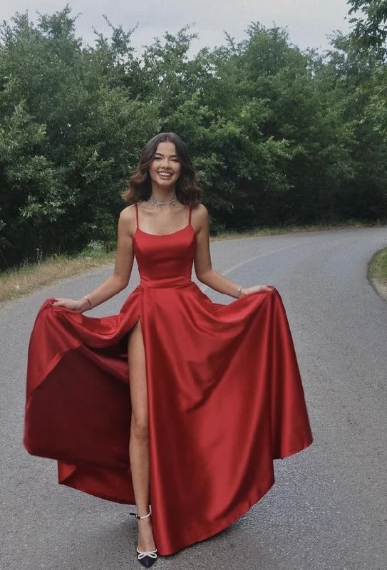 Evening Dress in Sparkle Fabric -Midi Dresses for Outdoor Concert -Evening Dress in Sparkle Fabric -Spaghetti Straps Satin Simple Long Prom Dresses Red Back to School Dress c2829