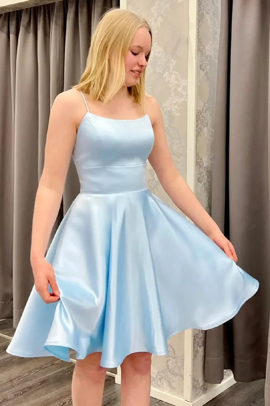 Evening Dress for Fun Party -Midi Dresses with Fit and Flare -Evening Dress for Fun Party -Spaghetti Straps Short Light Blue Satin Homecoming Dresses, Light Blue Formal Graduation Evening Dresses c3206