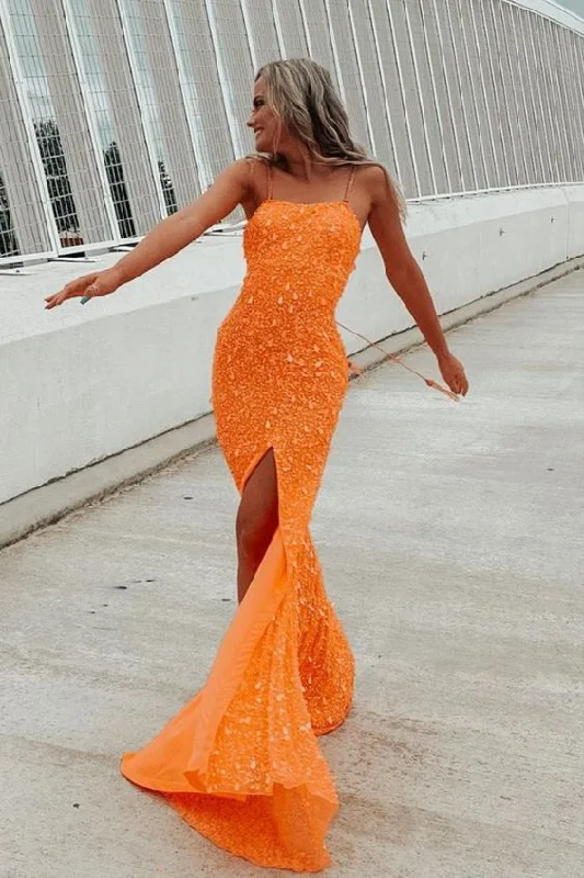 Evening Dress in Earth Tones -Midi Dresses for Dinner Date -Evening Dress in Earth Tones -sparkle mermaid orange sequins long prom dress with slit  C2172