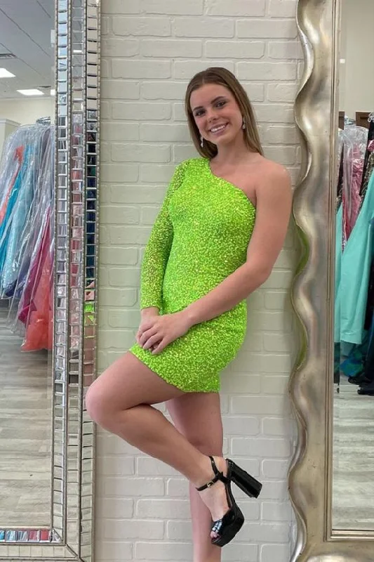 Evening Dress in Metallic Finish -Midi Dresses in Dark Colors -Evening Dress in Metallic Finish -Sparkly Bodycon One Shoulder Fluorescent Green Sequins Short Homecoming Dresses c3377