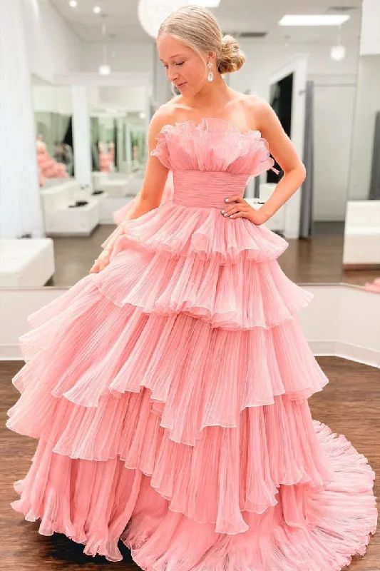 Evening Dress in Fun Hues -Midi Dresses for Roof Chill -Evening Dress in Fun Hues -Strapless Layered Pink Tulle Long Prom Dress, Long Pink Formal Evening Dress cc776