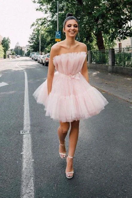 Evening Dress for Dance Party -Midi Dresses for Outdoor Events -Evening Dress for Dance Party -Strapless Pink Tulle Short Homecoming Dress, Princess Sleeveless Party Dress c3039