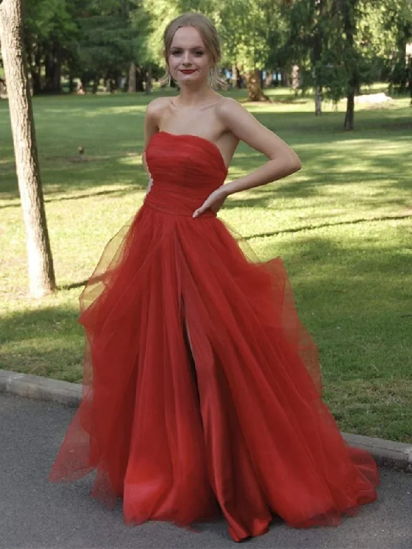 Evening Dress with Side Pleats -Midi Dresses in Cool Tones -Evening Dress with Side Pleats -Strapless Red Tulle Long Prom Dresses Red Tulle Long Formal Evening Dresses C2314