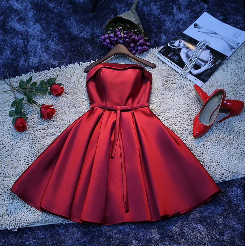 Evening Dress for Day Outing -Midi Dresses with Flared Hem -Evening Dress for Day Outing -Strapless Satin Short Homecoming Dress Lace-up Back c3201