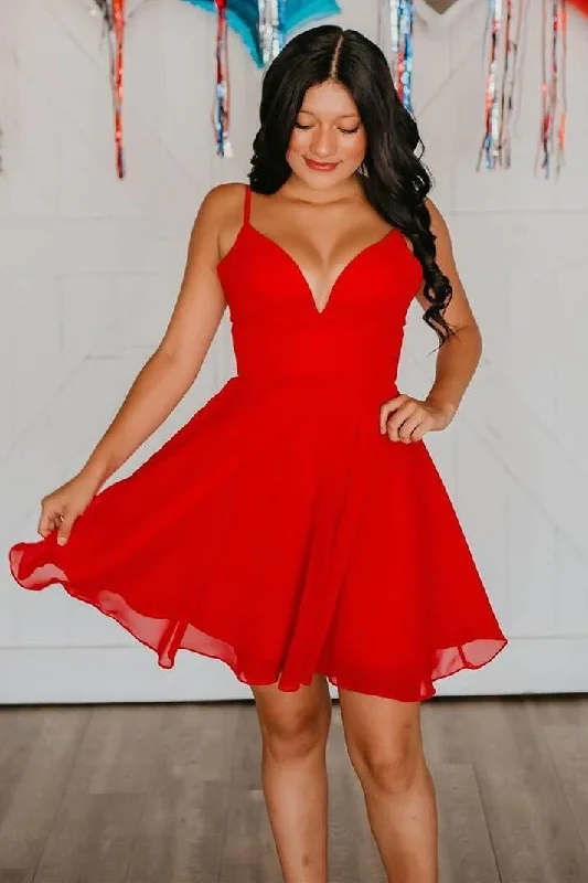 Evening Dress in Velvet -Midi Dresses in Velvet -Evening Dress in Velvet -Straps Red Chiffon A-line Homecoming Dress  c3133