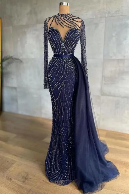 Evening Dress with Front Tie -Midi Dresses in Sheer Chiffon -Evening Dress with Front Tie -Stylish High Neck Navy Mermaid Evening Dress with Detachable Tulle Train Crystals Beads Long Prom Dress C2194