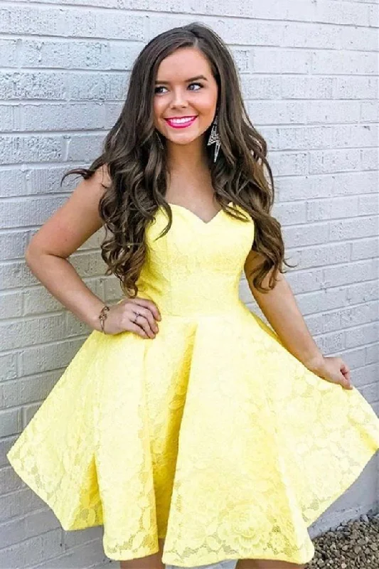 Evening Dress in Glitter Finish -Midi Dresses for Farewell Party -Evening Dress in Glitter Finish -Sweetheart Yellow Lace Homecoming Dress, Lace Short Prom Graduation Dress c3106