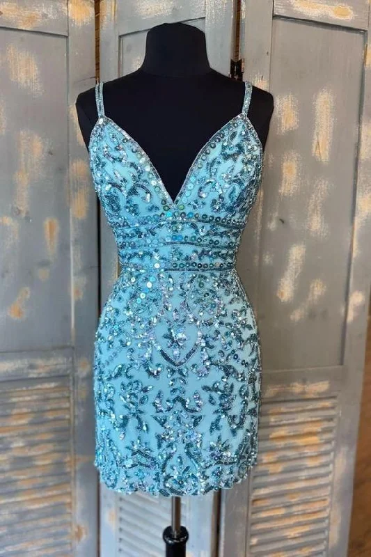 Evening Dress in Rich Cotton -Midi Dresses for Casual Event -Evening Dress in Rich Cotton -Tight Blue Sequins Short Homecoming Dress c3417