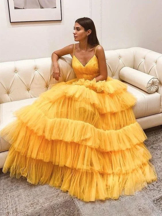 Evening Dress for Art Party -Midi Dresses with Open Front -Evening Dress for Art Party -V Neck Backless Yellow Tulle Layered Long Prom Dresses, Layered Yellow Formal Evening Dresses C1264