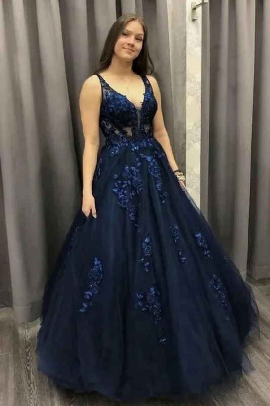 Evening Dress in Chic Prints -Midi Dresses for Patio Date -Evening Dress in Chic Prints -V Neck Dark Blue Long Prom Dress, Lace Applique Tulle Formal Dress C195