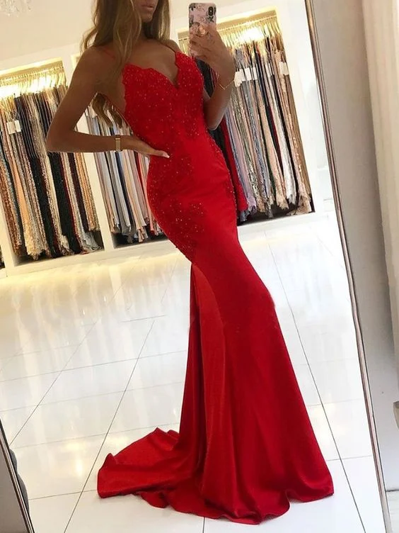 V Neck Mermaid Backless Lace Beaded Red Long Prom Dresses, Mermaid Red Lace Formal Dresses C441