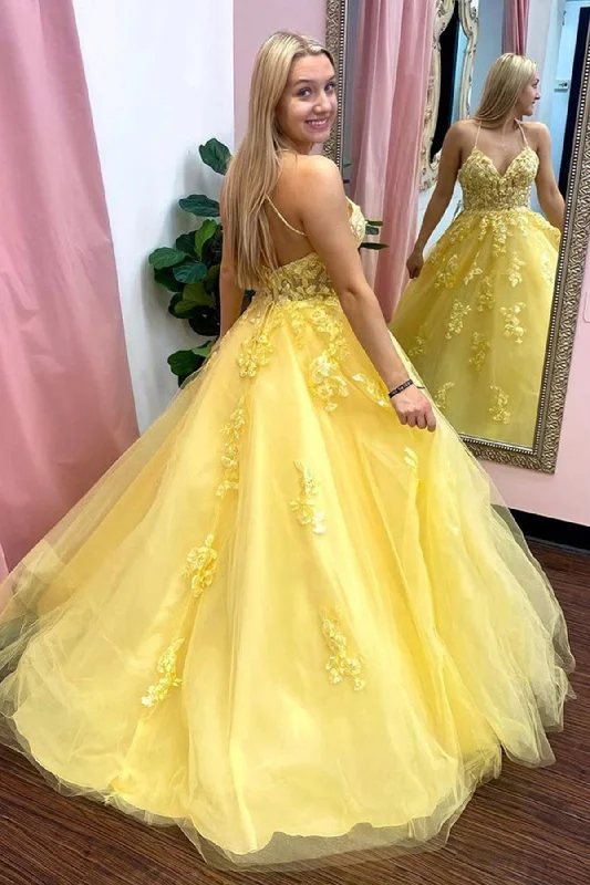 Evening Dress in Cool Tones -Midi Dresses for Beach Picnic -Evening Dress in Cool Tones -V Neck Open Back Yellow Tulle Lace Long Prom Dresses, Yellow Lace Formal Dresses, Yellow Evening Dresses C2202