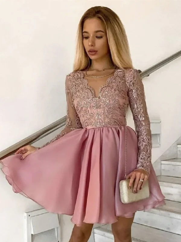 Evening Dress for Evening Chill -Midi Dresses with Side Edge -Evening Dress for Evening Chill -V Neck Short Pink Lace Homecoming Dresses, Short Pink Lace Formal Graduation Dresses c3047