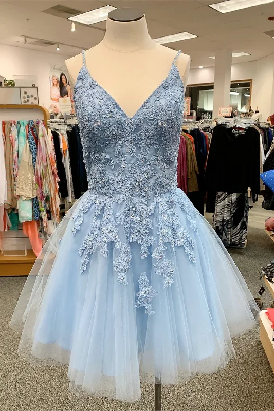 Evening Dress with Lace Sleeves -Midi Dresses with Long Hemline -Evening Dress with Lace Sleeves -V Neck Short Sky Blue Homecoming Dress c3248