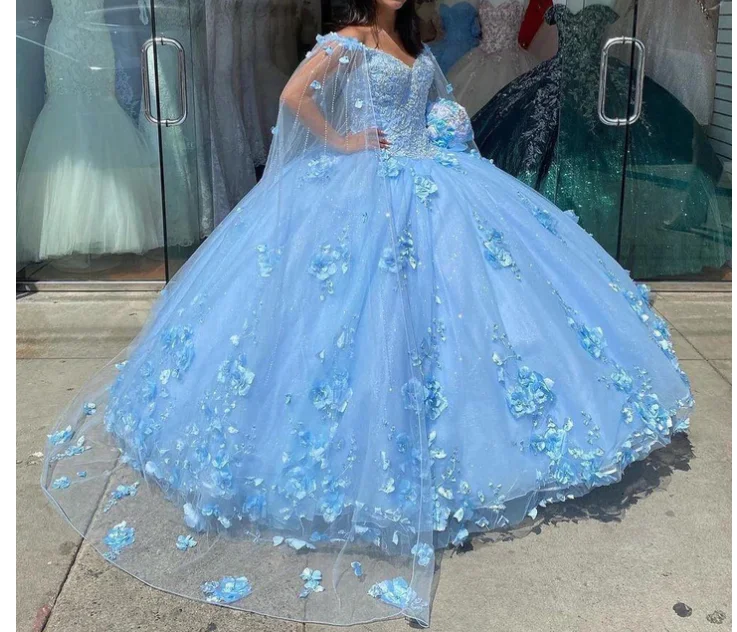 Evening Dress in Cute Prints -Midi Dresses for Beach Night -Evening Dress in Cute Prints -Vintage Baby Blue 3D Floral Flowers Quinceanera Dresses Mexican with Cape Robe Corset Ball Gown C2446