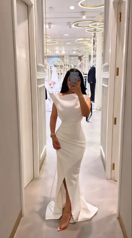 Evening Dress for Game Chill -Midi Dresses with Button Edge -Evening Dress for Game Chill -Women's Sleeveless Evening Gown Split Side Pleats Dubai Saudi Arabia Arabian Formal Party Prom Dress White cc567