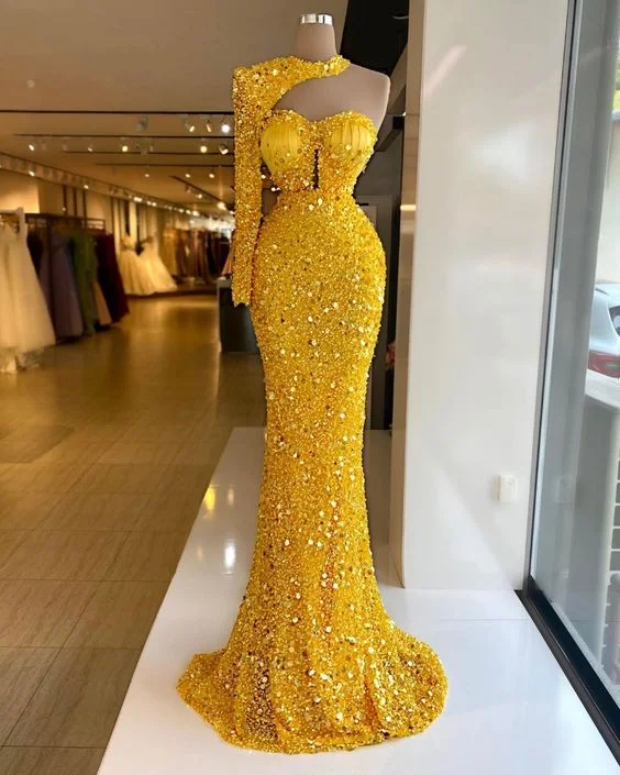 Evening Dress in Plush Fabric -Midi Dresses for Park Picnic -Evening Dress in Plush Fabric -yellow sequin mermaid long prom dress, sexy evening dress  C2187