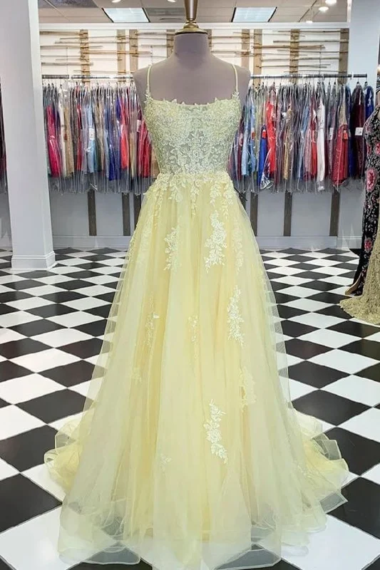 Evening Dress with Lace Up Back -Midi Dresses in Breezy Cotton -Evening Dress with Lace Up Back -Yellow tulle lace long prom dress yellow lace formal dress C578