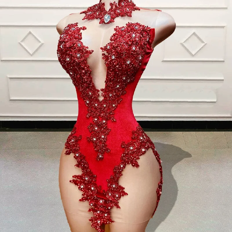 Luxury Diamond Red Short Prom Dresses for Birthday Party Beaded Appliques Sexy Women See Through Mini Cocktail Gowns