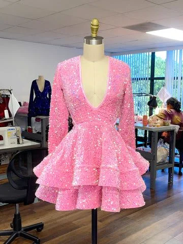 Pink Cocktail Dresses A-Line V-Neck Long Sleeve Shiny Sequin Homecoming Dresses    S2033