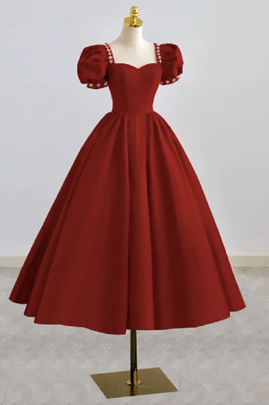 RED SATIN A LINE PROM DRESS RED EVENING DRESS     S2651