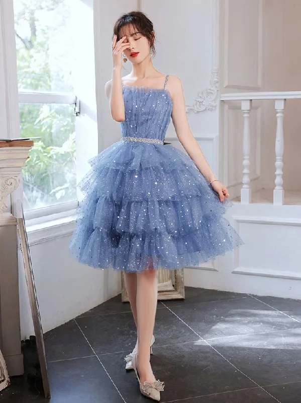 Short Puffy Blue Prom Dress, Tulle Short Blue Puffy Homecoming Dress     S2690