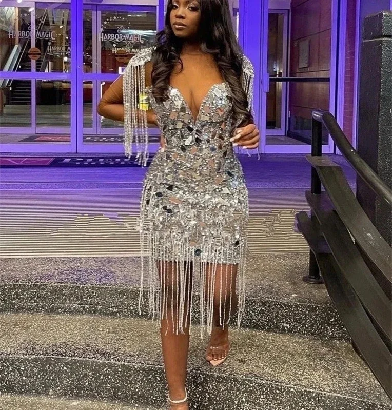 Silver Long Sleeves Short Prom Dresses For Black Girls Sexy Crystals Women African Cocktail Dresses Birthday Party Homecoming