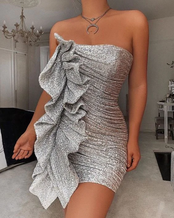 Summer New Arrival Sexy Strapless Ruffles Short Style Sequined Prom Dress     S792