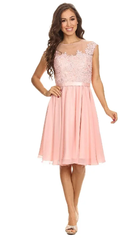 Eureka Fashion - 3633 Lace Appliqued Cap Sleeve Chiffon Dress