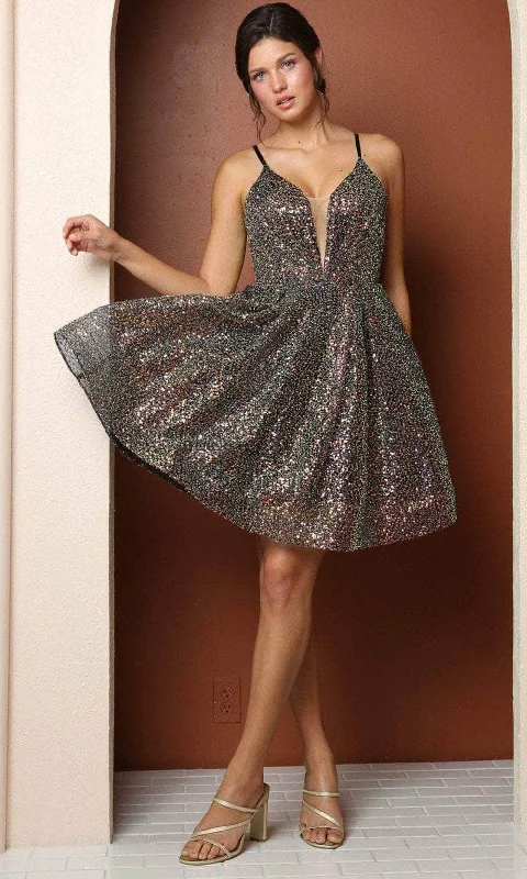 Nox Anabel R703 - Shimmering Plunging V-neck Short Dress