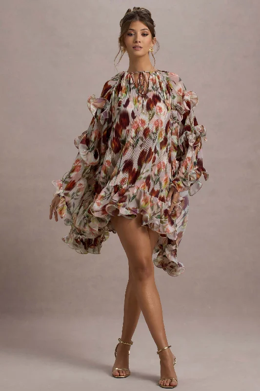 Mini Dresses for Spring Fun -Abelia | Cream Floral Print High-Neck Cape-Sleeve Chiffon Mini Dress