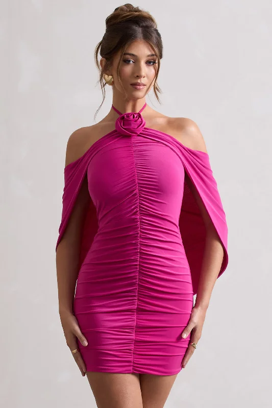 Mini Dresses with Mesh Hem -Adriana | Dark Pink Ruched Halter-Neck Draped Mini Dress With Corsage