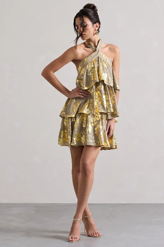 Mini Dresses for Wild Parties -Alecia | Metallic Gold Halter-Neck Ruffle Mini Dress