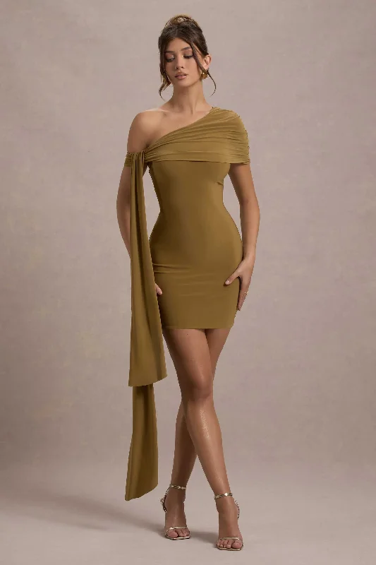 Mini Dresses for Milestone Parties -Alessio | Mustard One-Shoulder Mini Dress With Drape