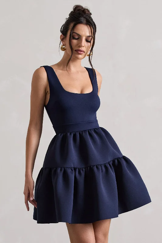 Mini Dresses for Club Fun -Alia | Navy Scoop-Neck Tiered Volume Hem Mini Dress