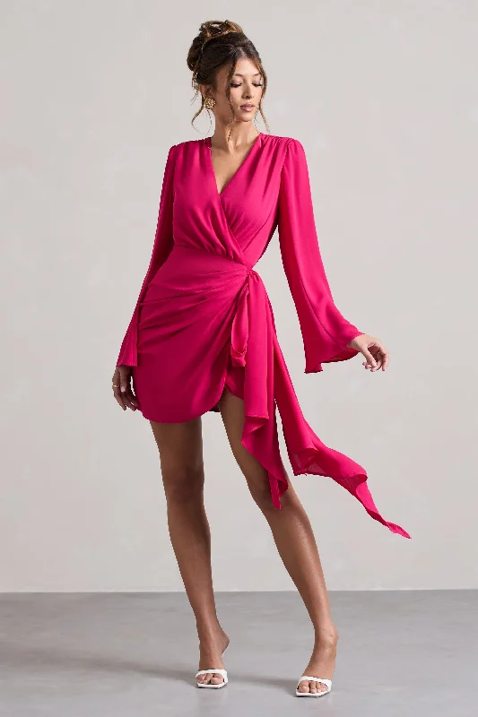 Mini Dresses in Elastic Fabric -Alinta | Hot Pink Long-Sleeve Wrap Mini Dress