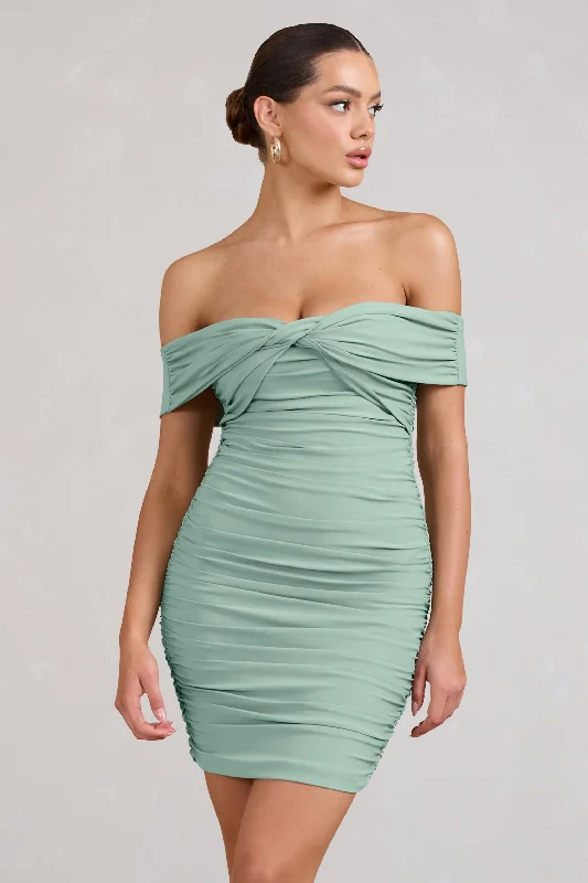 Mini Dresses with Tied Edge -Appreciate | Sage Off The Shoulder Ruched Mini Dress