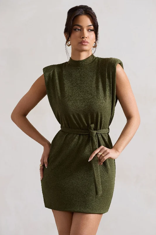 Mini Dresses in Vivid Colors -Asher | Olive High-Neck Mini Dress With Tie Waist