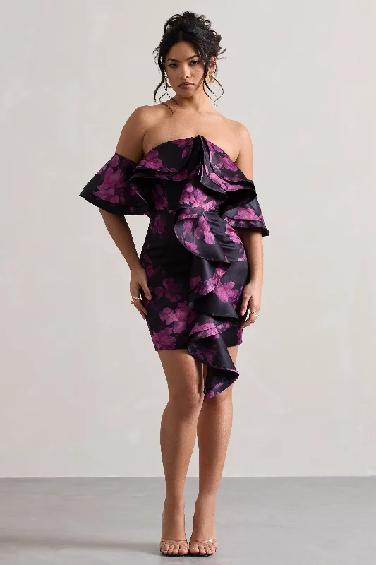 Mini Dresses in Light Fabric -Aspen | Black Floral Print Bardot Mini Dress With Ruffles