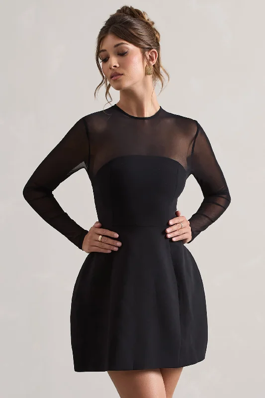 Mini Dresses in Thick Cotton -Austen | Black Mesh Long-Sleeve Mini Dress