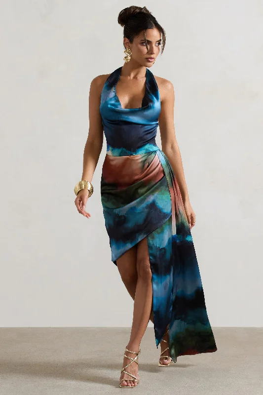 Mini Dresses with Flounced Hem -Bali | Blue Blur Print Satin Cowl-Neck Draped Mini Dress