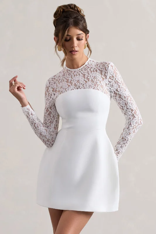 Mini Dresses in Thin Cotton -Birdie | White Lace Long-Sleeve Mini Dress