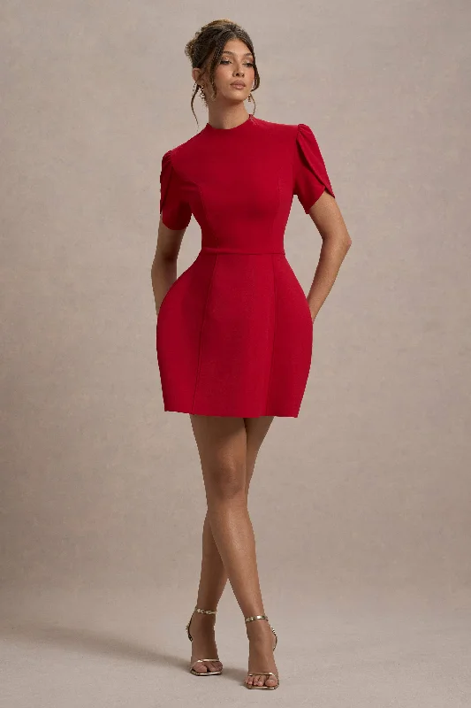 Mini Dresses with Loose Hem -Carabella | Red High-Neck Short-Sleeve Mini Dress