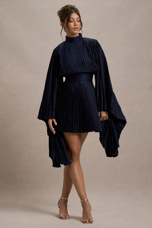 Mini Dresses in Faux Suede -Charity | Navy Pleated High-Neck Mini Dress With Cape Sleeves