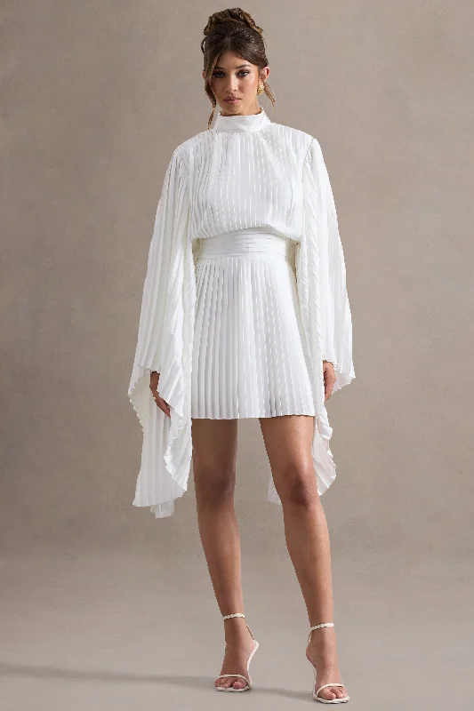 Mini Dresses with Back Tie -Charity | White Pleated High-Neck Mini Dress With Cape Sleeves