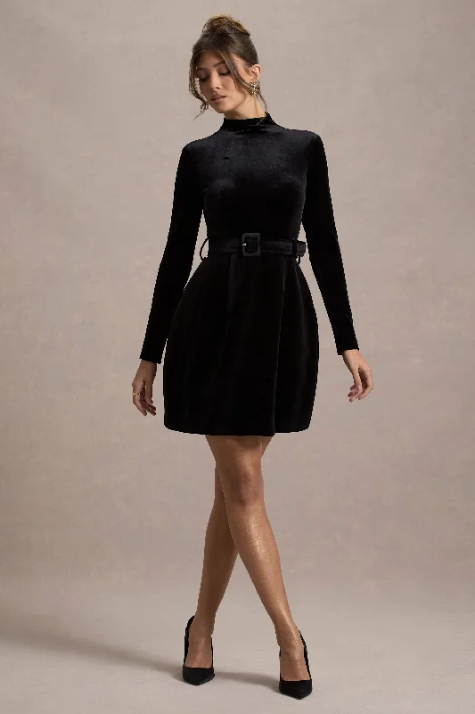 Mini Dresses with Side Straps -Charm | Black Velvet Turtleneck Long-Sleeve Belted Mini Dress