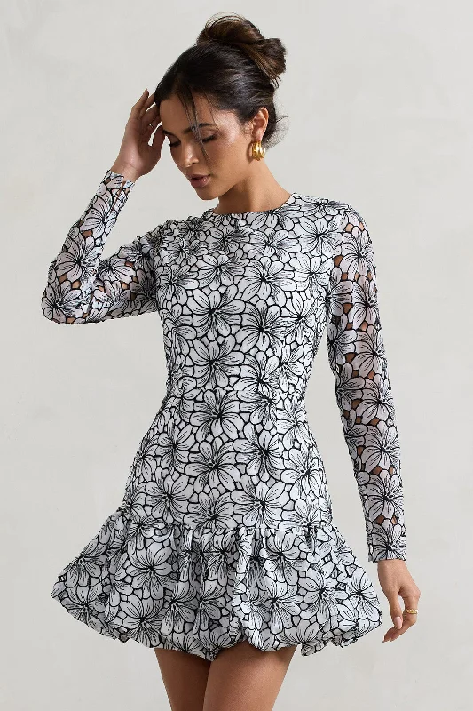 Mini Dresses in Thin Silk -Claribel | Black & White Lace Long-Sleeve Mini Dress With Ruffle Hem