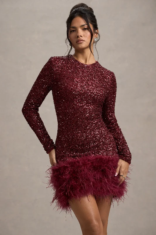 Mini Dresses with Bead Embroidery -Claudia | Berry Sequin High Neck Feather Hem Mini Dress With Long Sleeves