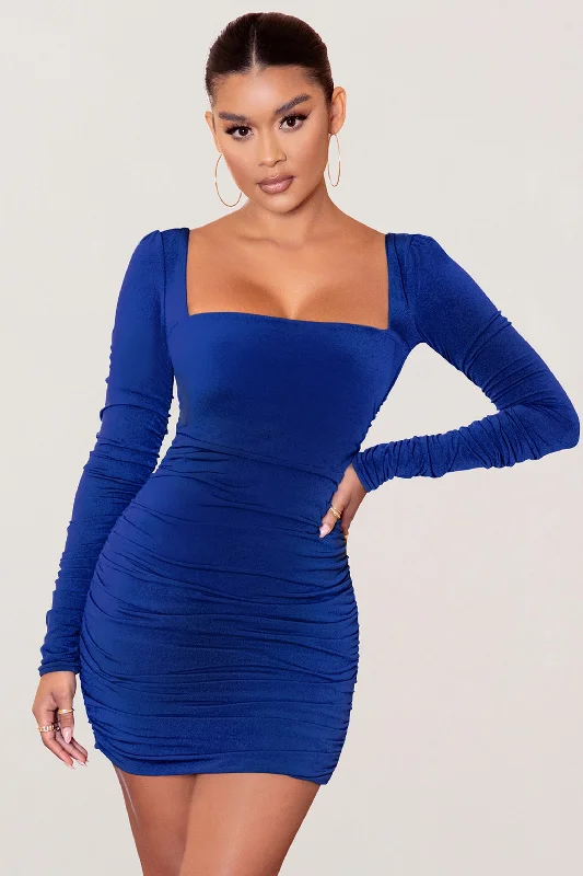 Mini Dresses for Lake Dates -Muse | Royal Blue Long Sleeve Square Neck Ruched Mini Dress