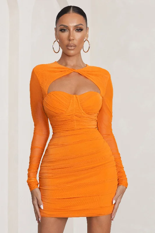 Mini Dresses in Muted Tones -Daiquiri | Orange Cut Out Ruched Mesh Mini Dress With Long Sleeves